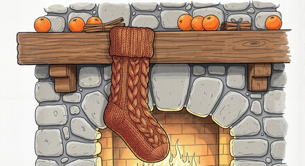Knitted sock hanging on rustic fireplace with oranges and cinnamon sticks clear hand-drawn illustration, cozy festive mood, winter holiday concept