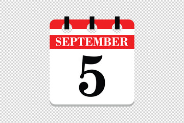 5 September Calendar icon vector, 5 dates of September month calendar icon, dates of September 5 icon calendar, vector calendar icon.