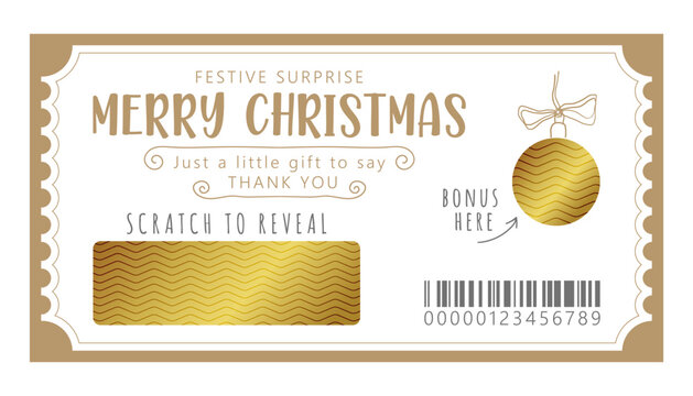 Merry Christmas gift voucher template. Scratch to reveal. Vector layout of lucky ticket. Whimsical style and gold.