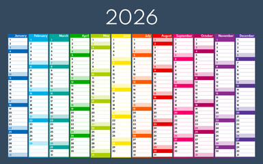 2026 12 months vertical colorful planner, whole year blank calendar template, english month names, saturday sunday two weekends, dark gray background, annual scheduler © MasterSergeant