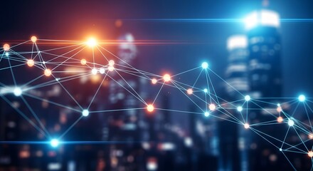 Abstract network connection over city skyline futuristic technology background communication concept