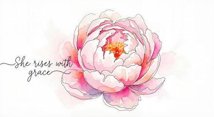Peony in pastel pinks and coral loose watercolor illustration with handwritten quote “She rises with grace” soft uplifting mood, floral empowerment concept