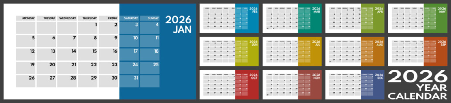 2026 whole year monthly office planner or wall calendar horizontal grid layout, monday first, two weekends, each month on separated page, ready for print