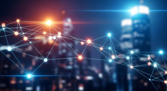 Abstract network connection over city skyline futuristic technology background communication concept