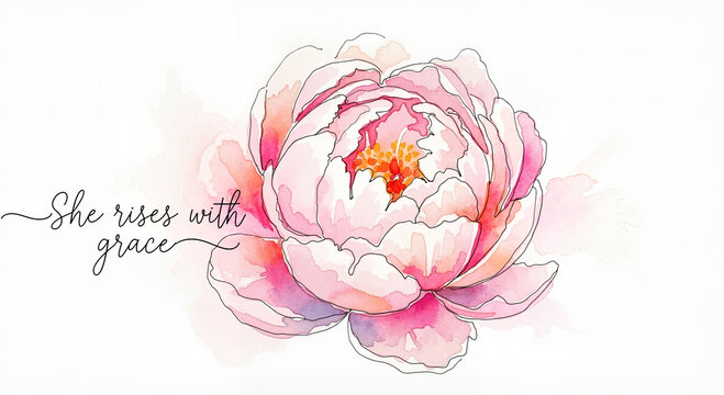 Peony in pastel pinks and coral loose watercolor illustration with handwritten quote “She rises with grace” soft uplifting mood, floral empowerment concept