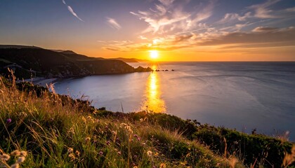 Coastal landscape captured during a brilliant, colorful sunset