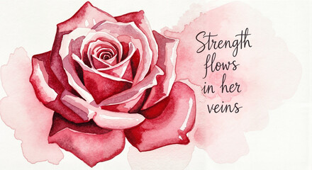 Rose in deep red and blush loose watercolor illustration with handwritten quote “Strength flows in her veins” romantic artistic mood, floral empowerment concept