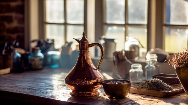 alembic. Vintage copper alembic still on a wooden workbench in an alchemist's workshop with a blurred background. STEM education sheets.
