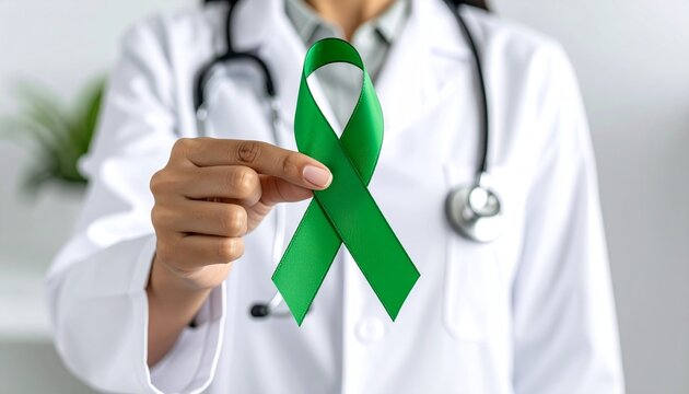 Doctor holding a green ribbon in hand wearing white coat and stethoscope around the neck in a clinic