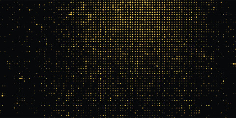 Vector halftone gold dots gradient diagonal tilt on black.
