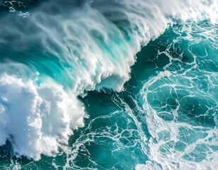 Fototapeta premium Aerial view of a powerful ocean wave crashing with white foam.