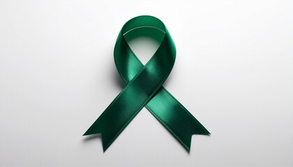 Green awareness ribbon on white backdrop. International symbol of mental health awareness. 