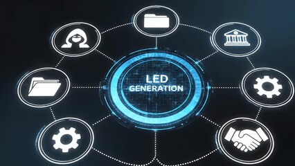 Futuristic digital screen displaying lead generation concept and icons - Powered by Adobe