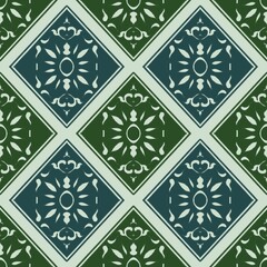 Geometric floral tile pattern, seamless decorative diamond motif, vintage ornament design, green and navy abstract background