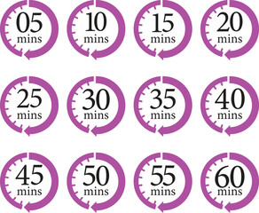 Minute Timer Icon set.Minute interval circular arrow vector. Countdown timer symbol.Alarm clock symbol. Watch countdown and Stopwatch sign. Simple express pictogram collection. Label cooking time.
