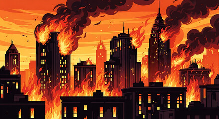 Cityscape engulfed in flames during a catastrophic inferno