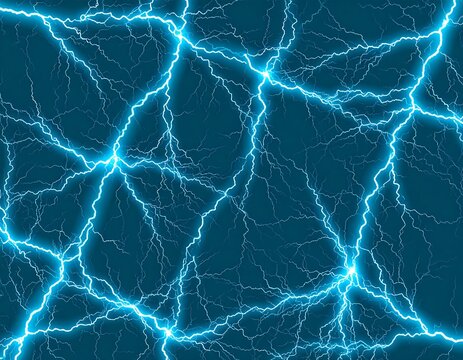 Intense electrical energy interconnected teal-colored lightning bolts on blue background