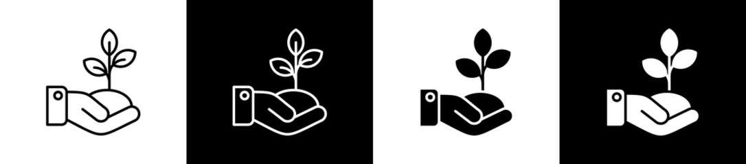 Sustainable icon set in line and glyph style on black and white background