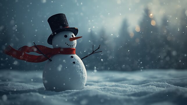 The snowman should have a tall black top hat, a red scarf flowing in the wind, and a stick in one hand. The background should feature snow falling gently