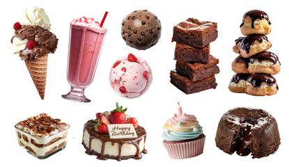 Set of dessert treats sweets candies candy, brownie, lava and birthday cake cupcake muffin tiramisu, ice cream gelato yoghurt, milkshake, chocolate profiterole, transparent cutout PNG. Many mockup