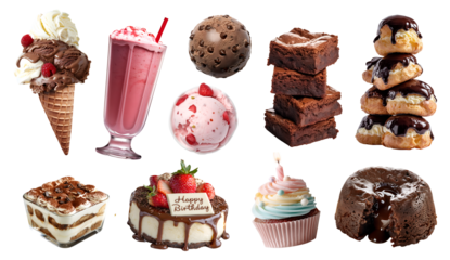 Set of dessert treats sweets candies candy, brownie, lava and birthday cake cupcake muffin tiramisu, ice cream gelato yoghurt, milkshake, chocolate profiterole, transparent cutout PNG. Many mockup