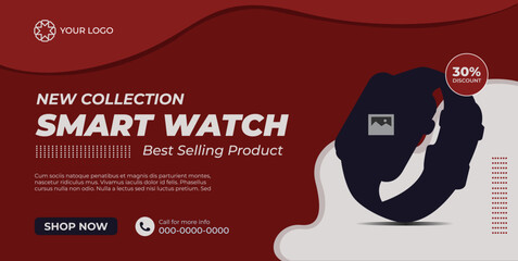Modern Smartwatch Promo Banner in Minimal Dark Red Layout for New Tech Collection