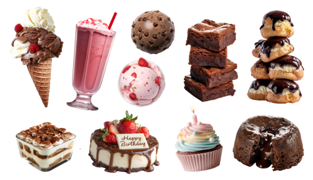 Set of dessert treats sweets candies candy, brownie, lava and birthday cake cupcake muffin tiramisu, ice cream gelato yoghurt, milkshake, chocolate profiterole, transparent cutout PNG. Many mockup