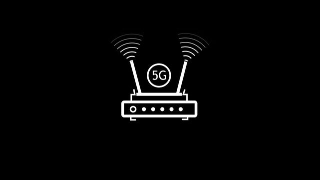 White 5G Router Icon with Signal Waves on Black Background modem wifi.4k video