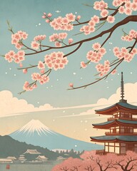 Fototapeta premium Cherry Blossoms, Pagoda and Mount Fuji, Japan Art Illustration