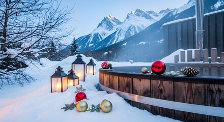 Holiday lanterns and Christmas ornaments placed near a frozen lake with mountains in the distance.