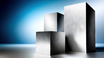 Fototapeta premium Three brushed metal cubes of varying heights are arranged in a stepped formation on a highly reflective surface. The background features a smooth gradient from