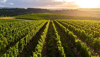 Aerial View of Lush Vineyard Rows at Sunset.