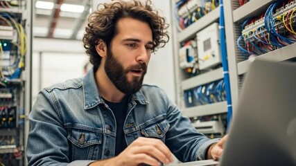 Focused professional working in data center with server racks and using a laptop