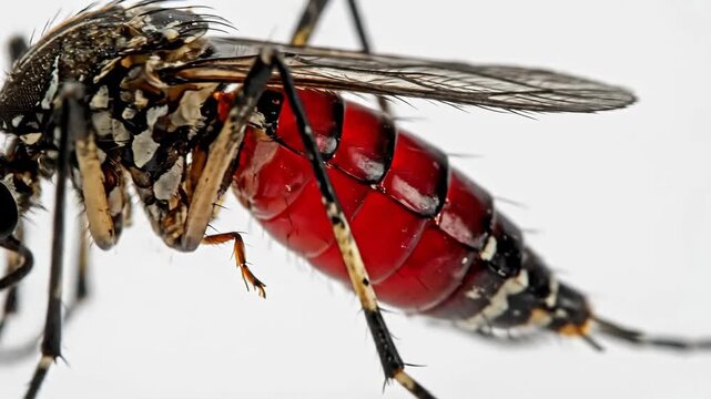 Closeup of mosquito with blood with white bg.