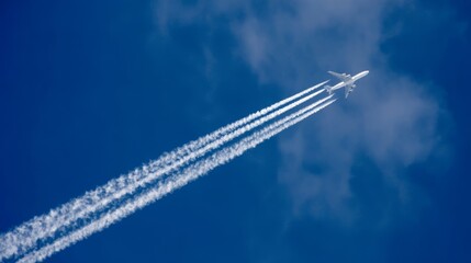 contrails. Airplane ascending into a blue sky, leaving white contrails against a backdrop of soft clouds. mobility guides, transit brochures, designed for transport & logistics marketing.
