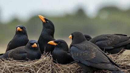 A captivating close-up captures a harmonious group of dark-feathered birds, distinguished by their vibrant orange beaks, nestled comfortably within a meticulously crafted twig nest. The scene evokes a