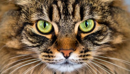 Close-up of a feline face showcasing striking green eyes, dark stripes, and textured fur. The focus is on the eyes and surrounding features
