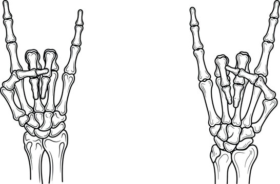 Detailed line art of a skeletal hand making the popular rock and roll gesture symbol for music