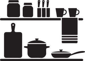 Minimal Black Silhouette Vector Set of Minimalist Kitchen Shelf Jars Cups Knife Holder Board Towel Pan Version 3