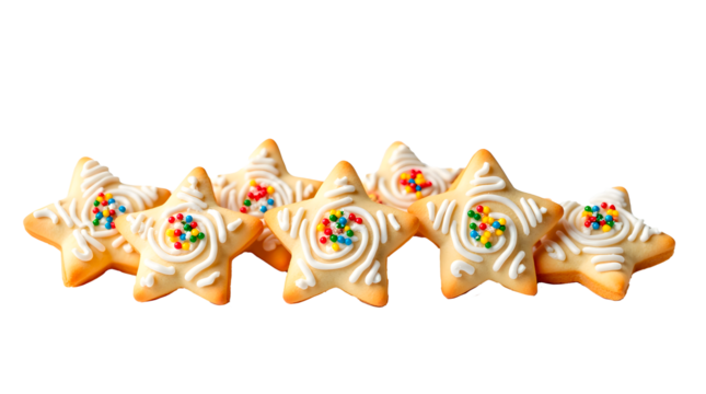 Image of freshly baked Christmas cookies in the shape of stars, decorated with icing and colorful sprinkles. Isolated on transparent background.