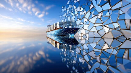 A large cargo ship carrying containers is shown at sea, with its front half breaking apart into a mosaic of blue and white geometric shapes, reflecting on the w