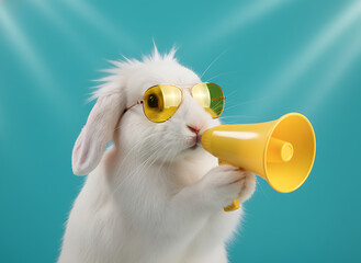 Cool bunny rabbit wears yellow sunglasses, holds bright yellow megaphone. Bunny shouts urgent message makes big announcement on vibrant blue background. Funny animal character for sales promotion,Sale