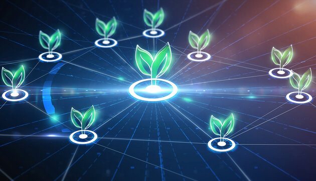Interconnected Glowing Digital Plant Network Symbolizing Smart Agriculture