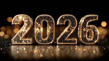 A scene featuring the year 2026 in bold, golden 3D letters with a sparkling, reflective surface. Happy New Year, Happy New Year 2026, Merry Christmas And Happy New Year