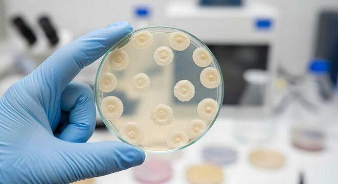 Petri dish with Candida auris colonies held by gloved hand in laboratory Sharp close-up in clinical 60139243 1