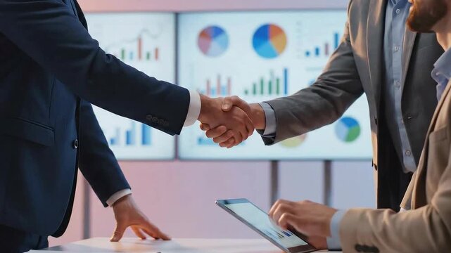 Business professionals shaking hands after successful meeting in office