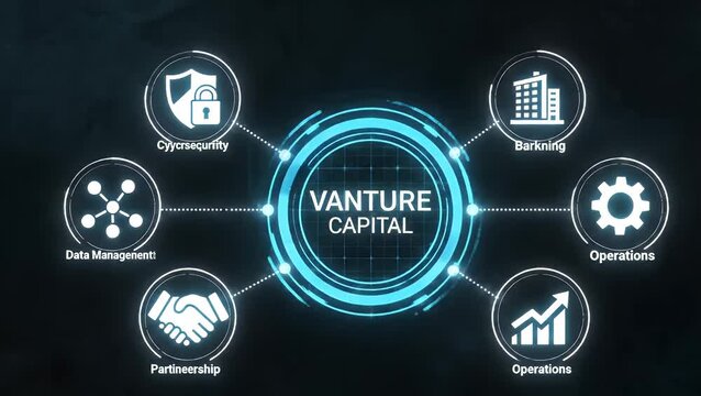 Futuristic digital screen displaying venture capital business concepts