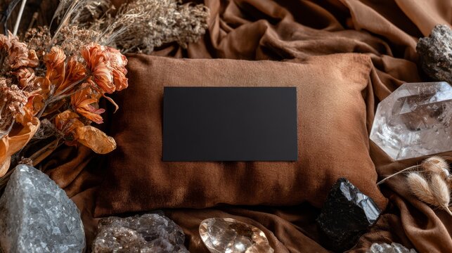 Blank black business card template on velvet cushion with crystal accessories and dried botanicals