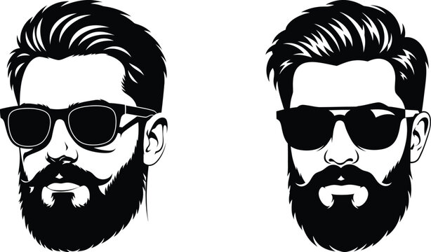 Stylish black silhouette of a mans face with a beard, mustache, and modern sunglasses