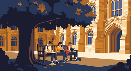 Three diligent students are deeply engrossed in their studies while sitting peacefully on a shaded bench within a historic university courtyard, embodying academic dedication and focus.